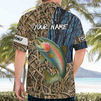 Rainbow Trout Fishing Hawaiian Shirt with Camouflage Reeds and Forest Background in Nature-Inspired Colors - Wonder Print Shop