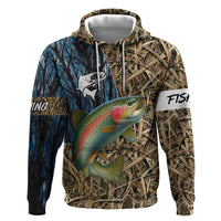 Rainbow Trout Fishing Hoodie with Camouflage Reeds and Forest Background in Nature-Inspired Colors - Wonder Print Shop