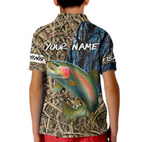 Rainbow Trout Fishing Kid Polo Shirt with Camouflage Reeds and Forest Background in Nature-Inspired Colors - Wonder Print Shop