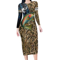Rainbow Trout Fishing Long Sleeve Bodycon Dress with Camouflage Reeds and Forest Background in Nature-Inspired Colors - Wonder Print Shop