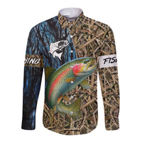 Rainbow Trout Fishing Long Sleeve Button Shirt with Camouflage Reeds and Forest Background in Nature-Inspired Colors - Wonder Print Shop