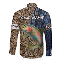 Rainbow Trout Fishing Long Sleeve Button Shirt with Camouflage Reeds and Forest Background in Nature-Inspired Colors - Wonder Print Shop