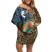 Rainbow Trout Fishing Off Shoulder Short Dress with Camouflage Reeds and Forest Background in Nature-Inspired Colors - Wonder Print Shop
