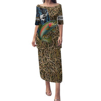 Rainbow Trout Fishing Puletasi with Camouflage Reeds and Forest Background in Nature-Inspired Colors - Wonder Print Shop