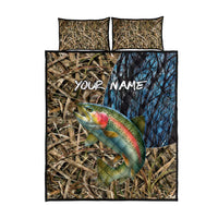 Rainbow Trout Fishing Quilt Bed Set with Camouflage Reeds and Forest Background in Nature-Inspired Colors - Wonder Print Shop