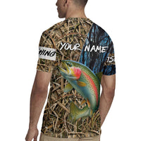 Rainbow Trout Fishing Rugby Jersey with Camouflage Reeds and Forest Background in Nature-Inspired Colors - Wonder Print Shop