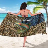 Rainbow Trout Fishing Sarong with Camouflage Reeds and Forest Background in Nature-Inspired Colors - Wonder Print Shop