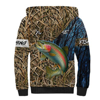 Rainbow Trout Fishing Sherpa Hoodie with Camouflage Reeds and Forest Background in Nature-Inspired Colors - Wonder Print Shop