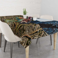 Rainbow Trout Fishing Tablecloth with Camouflage Reeds and Forest Background in Nature-Inspired Colors - Wonder Print Shop