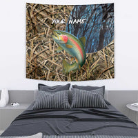 Rainbow Trout Fishing Tapestry with Camouflage Reeds and Forest Background in Nature-Inspired Colors - Wonder Print Shop