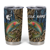 Rainbow Trout Fishing Tumbler Cup with Camouflage Reeds and Forest Background in Nature-Inspired Colors - Wonder Print Shop