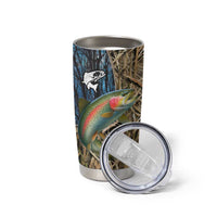 Rainbow Trout Fishing Tumbler Cup with Camouflage Reeds and Forest Background in Nature-Inspired Colors - Wonder Print Shop