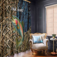 Rainbow Trout Fishing Window Curtain with Camouflage Reeds and Forest Background in Nature-Inspired Colors - Wonder Print Shop