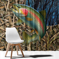 Rainbow Trout Fishing Window Curtain with Camouflage Reeds and Forest Background in Nature-Inspired Colors - Wonder Print Shop
