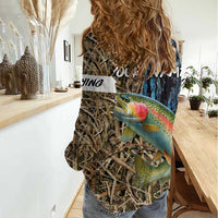 Rainbow Trout Fishing Women Casual Shirt with Camouflage Reeds and Forest Background in Nature-Inspired Colors - Wonder Print Shop