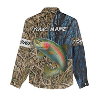 Rainbow Trout Fishing Women Casual Shirt with Camouflage Reeds and Forest Background in Nature-Inspired Colors - Wonder Print Shop