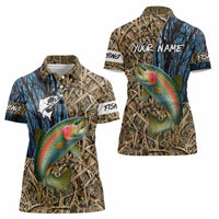Rainbow Trout Fishing Women Polo Shirt with Camouflage Reeds and Forest Background in Nature-Inspired Colors - Wonder Print Shop
