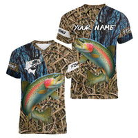 Rainbow Trout Fishing Women V-Neck T-Shirt with Camouflage Reeds and Forest Background in Nature-Inspired Colors - Wonder Print Shop