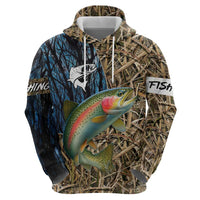 Rainbow Trout Fishing Zip Hoodie with Camouflage Reeds and Forest Background in Nature-Inspired Colors - Wonder Print Shop