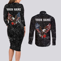 American Eagle Bowling Couples Matching Long Sleeve Bodycon Dress and Long Sleeve Button Shirt with Distressed Flag and Grunge Pattern in Red White and Blue - Wonder Print Shop