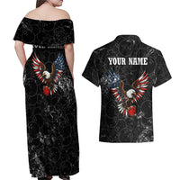 American Eagle Bowling Couples Matching Off Shoulder Maxi Dress and Hawaiian Shirt with Distressed Flag and Grunge Pattern in Red White and Blue - Wonder Print Shop