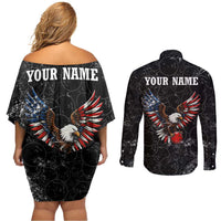 American Eagle Bowling Couples Matching Off Shoulder Short Dress and Long Sleeve Button Shirt with Distressed Flag and Grunge Pattern in Red White and Blue - Wonder Print Shop