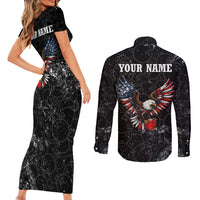 American Eagle Bowling Couples Matching Short Sleeve Bodycon Dress and Long Sleeve Button Shirt with Distressed Flag and Grunge Pattern in Red White and Blue - Wonder Print Shop