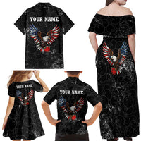 American Eagle Bowling Family Matching Off Shoulder Maxi Dress and Hawaiian Shirt with Distressed Flag and Grunge Pattern in Red White and Blue - Wonder Print Shop