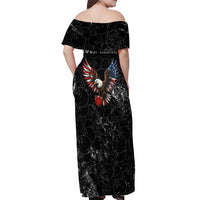 American Eagle Bowling Off Shoulder Maxi Dress with Distressed Flag and Grunge Pattern in Red White and Blue - Wonder Print Shop
