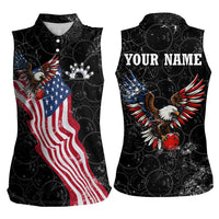 American Eagle Bowling Women Sleeveless Polo Shirt with Distressed Flag and Grunge Pattern in Red White and Blue - Wonder Print Shop