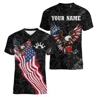 American Eagle Bowling Women V-Neck T-Shirt with Distressed Flag and Grunge Pattern in Red White and Blue - Wonder Print Shop