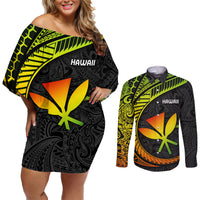 Hawaii Kanaka Maoli Couples Matching Off Shoulder Short Dress and Long Sleeve Button Shirts Polynesian Tornado Infusion Gradient - Wonder Print Shop