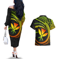 Hawaii Kanaka Maoli Couples Matching Off The Shoulder Long Sleeve Dress and Hawaiian Shirt Polynesian Tornado Infusion Gradient - Wonder Print Shop