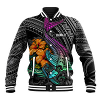 Hawaii Polynesian Baseball Jacket with Tribal Hammerhead Sharks and Hibiscus Black - Wonder Print Shop