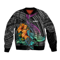 Hawaii Polynesian Bomber Jacket with Tribal Hammerhead Sharks and Hibiscus Black - Wonder Print Shop