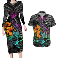 Hawaii Polynesian Couples Matching Long Sleeve Bodycon Dress and Hawaiian Shirt with Tribal Hammerhead Sharks and Hibiscus Black - Wonder Print Shop