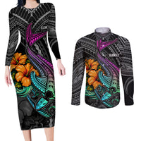 Hawaii Polynesian Couples Matching Long Sleeve Bodycon Dress and Long Sleeve Button Shirt with Tribal Hammerhead Sharks and Hibiscus Black - Wonder Print Shop