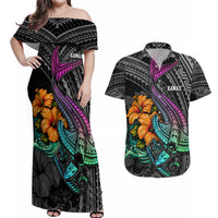 Hawaii Polynesian Couples Matching Off Shoulder Maxi Dress and Hawaiian Shirt with Tribal Hammerhead Sharks and Hibiscus Black - Wonder Print Shop
