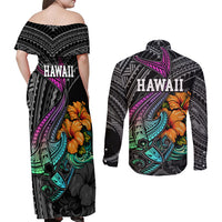 Hawaii Polynesian Couples Matching Off Shoulder Maxi Dress and Long Sleeve Button Shirt with Tribal Hammerhead Sharks and Hibiscus Black - Wonder Print Shop