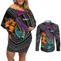 Hawaii Polynesian Couples Matching Off Shoulder Short Dress and Long Sleeve Button Shirt with Tribal Hammerhead Sharks and Hibiscus Black - Wonder Print Shop