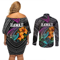 Hawaii Polynesian Couples Matching Off Shoulder Short Dress and Long Sleeve Button Shirt with Tribal Hammerhead Sharks and Hibiscus Black - Wonder Print Shop