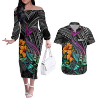 Hawaii Polynesian Couples Matching Off The Shoulder Long Sleeve Dress and Hawaiian Shirt with Tribal Hammerhead Sharks and Hibiscus Black - Wonder Print Shop