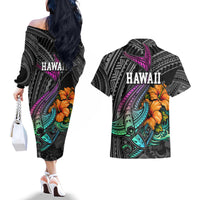 Hawaii Polynesian Couples Matching Off The Shoulder Long Sleeve Dress and Hawaiian Shirt with Tribal Hammerhead Sharks and Hibiscus Black - Wonder Print Shop