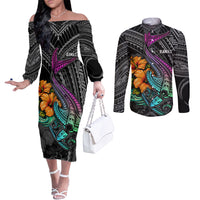hawaii-polynesian-couples-matching-off-the-shoulder-long-sleeve-dress-and-long-sleeve-button-shirt-with-tribal-hammerhead-sharks-and-hibiscus-black