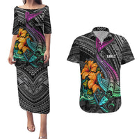 Hawaii Polynesian Couples Matching Puletasi Dress and Hawaiian Shirt with Tribal Hammerhead Sharks and Hibiscus Black - Wonder Print Shop