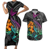 Hawaii Polynesian Couples Matching Short Sleeve Bodycon Dress and Hawaiian Shirt with Tribal Hammerhead Sharks and Hibiscus Black - Wonder Print Shop