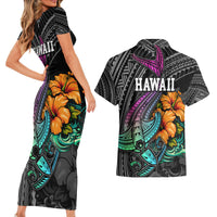 Hawaii Polynesian Couples Matching Short Sleeve Bodycon Dress and Hawaiian Shirt with Tribal Hammerhead Sharks and Hibiscus Black - Wonder Print Shop