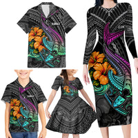 Hawaii Polynesian Family Matching Long Sleeve Bodycon Dress and Hawaiian Shirt with Tribal Hammerhead Sharks and Hibiscus Black - Wonder Print Shop