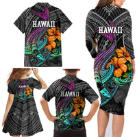 Hawaii Polynesian Family Matching Long Sleeve Bodycon Dress and Hawaiian Shirt with Tribal Hammerhead Sharks and Hibiscus Black - Wonder Print Shop