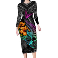 Hawaii Polynesian Family Matching Long Sleeve Bodycon Dress and Hawaiian Shirt with Tribal Hammerhead Sharks and Hibiscus Black - Wonder Print Shop